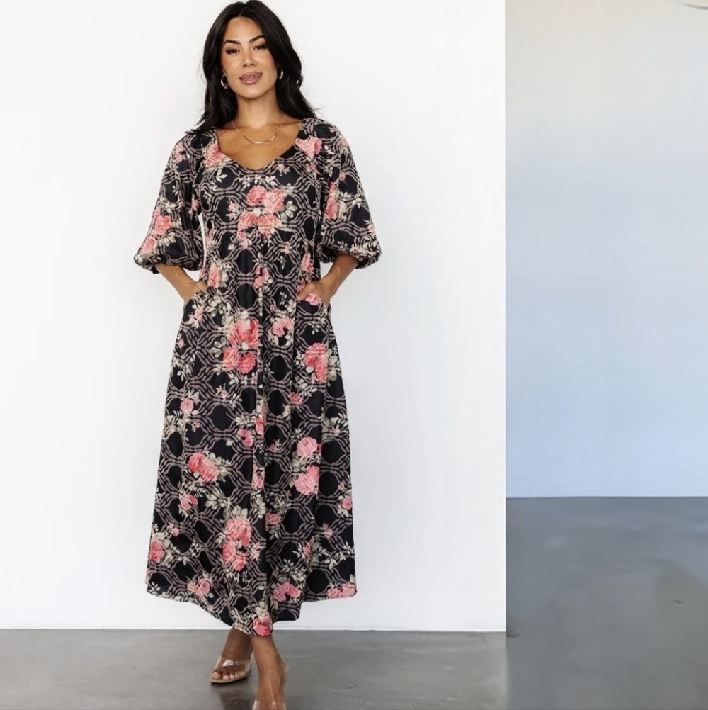 Baltic Born Black and Pink Floral Midi Dress  w Pockets NWT Size 2X